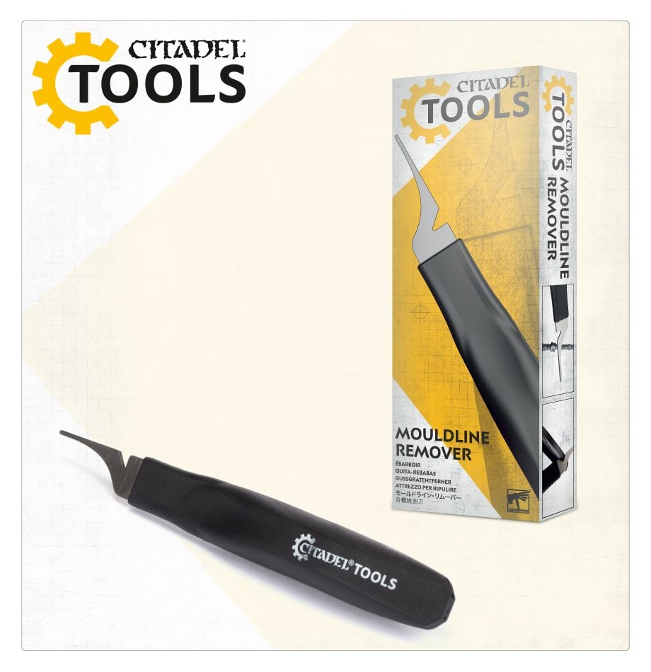 Citadel Tools - Mouldline Remover - Black ergonomic handle tool with a fine curved metal tip labeled Citadel Tools, displayed alongside its white and yellow.