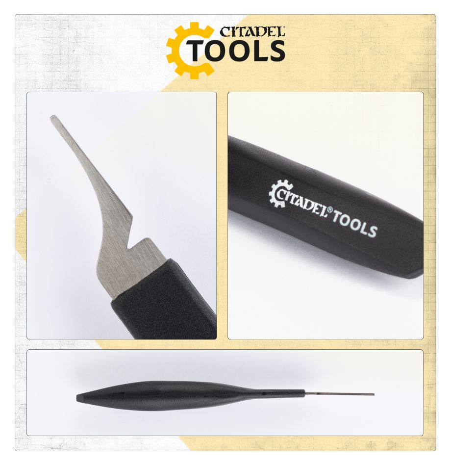 Citadel Tools - Mouldline Remover - Black handle mouldline remover tool with a sharp angled metal tip and Citadel Tools logo on the handle.