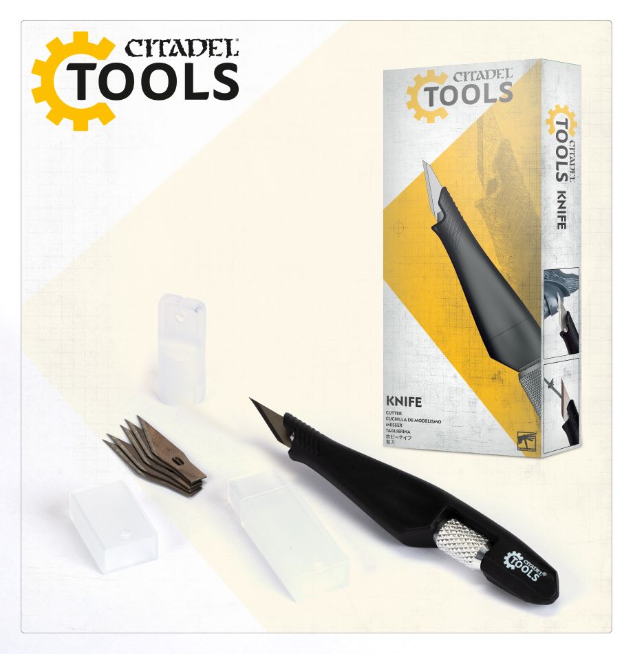 Citadel Tools - Knife - Citadel Tools precision hobby knife with black ergonomic handle and sharp blade next to yellow and white product box.
