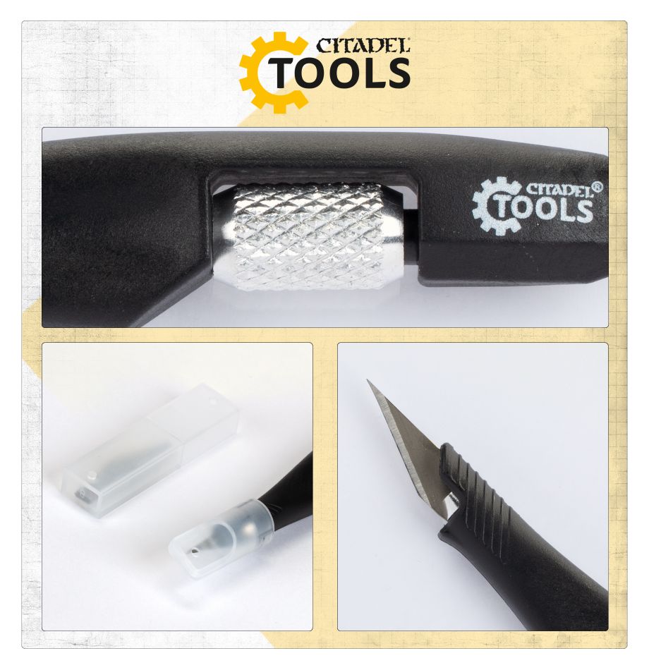 Citadel Tools - Knife - Black utility knife with textured silver grip and sharp pointed blade, includes clear plastic caps.