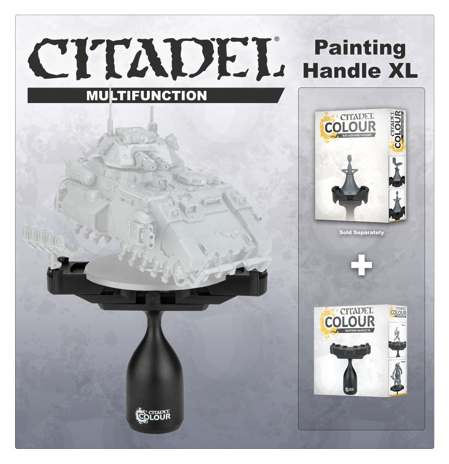 Citadel Colour - Painting Handle XL - Black Citadel Colour Painting Handle XL holding white unpainted miniature tank model.