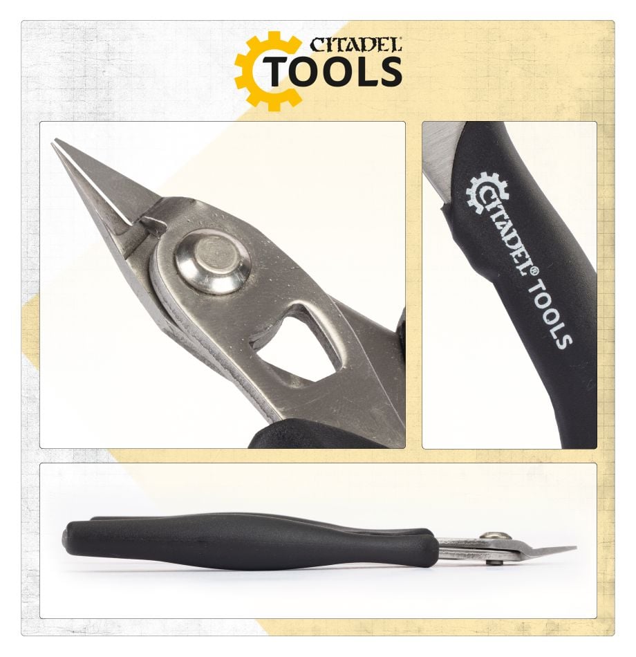 Citadel Tools - Super Fine Detail Cutters - Metal super fine detail cutters with sharp pointed blades and black ergonomic handles, branded Citadel Tools.