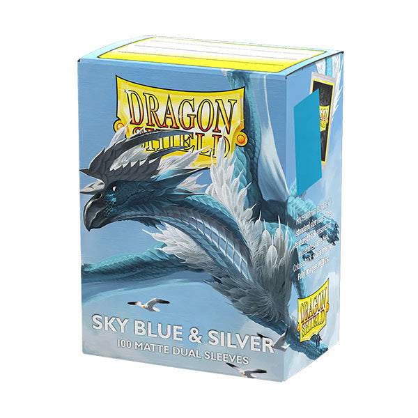 Dragon Shield Dual Sleeves 100ct Box - Matte Sky Blue & Silver (PREORDER) - Box of 100 matte dual card sleeves in sky blue and silver with dragon artwork on packaging.