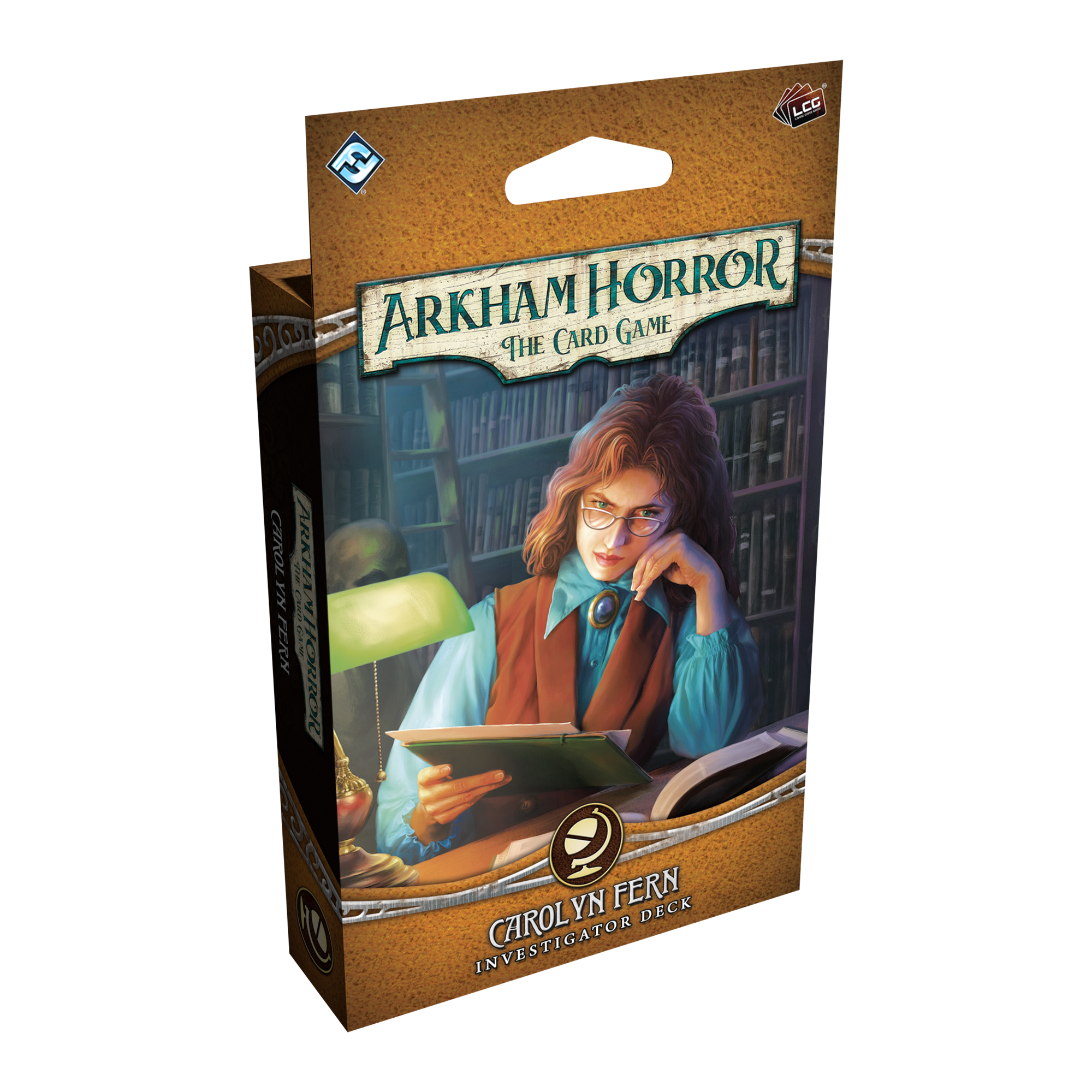 Arkham Horror: LCG: Carolyn Fern Investigator Deck (PREORDER) - Arkham Horror card game box featuring Carolyn Fern investigator artwork with vintage library and warm brown tones.