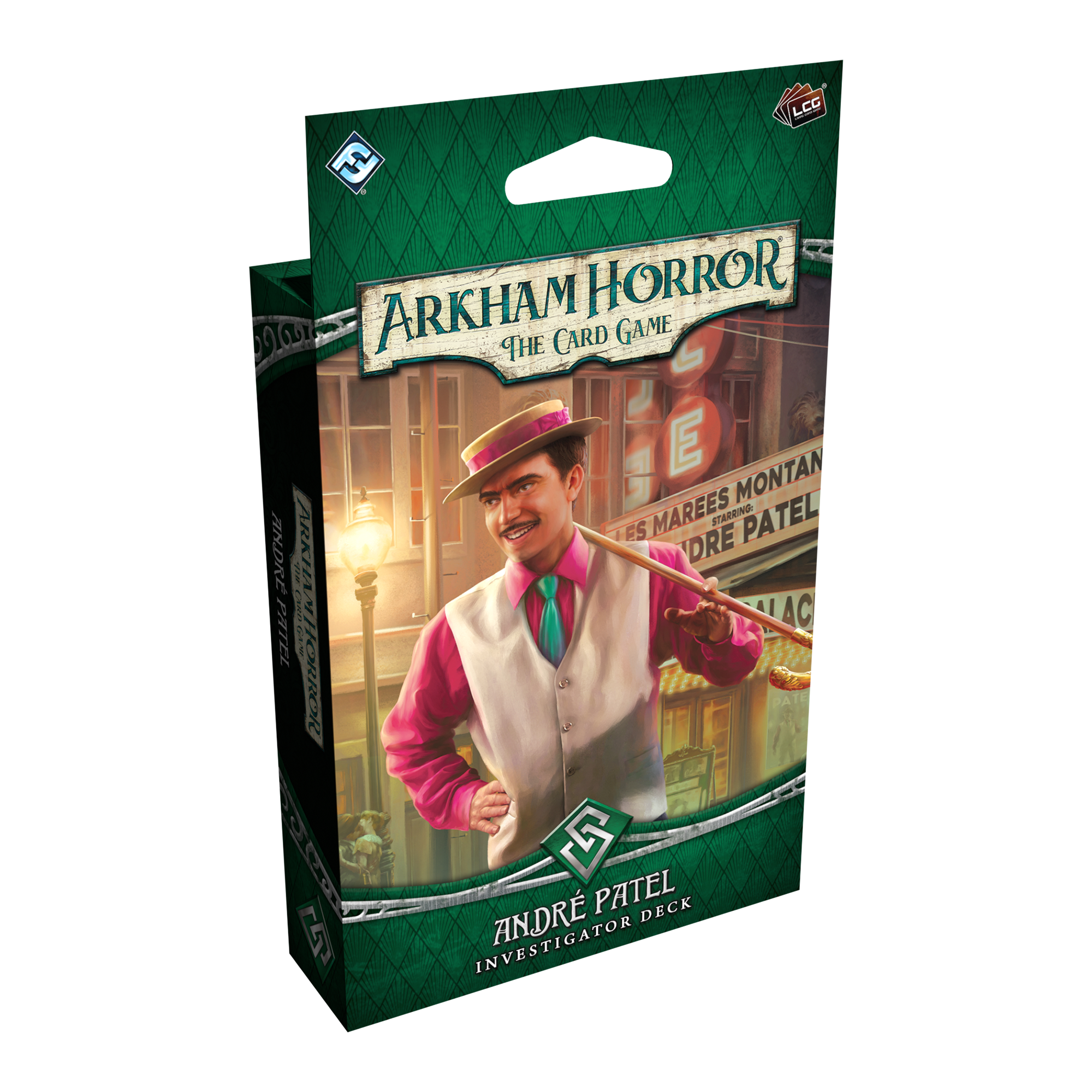 Arkham Horror: LCG: André Patel Investigator Deck (PREORDER) - Green diamond-patterned box featuring a man in a pink shirt and beige vest for Arkham Horror André Patel Investigator Deck.