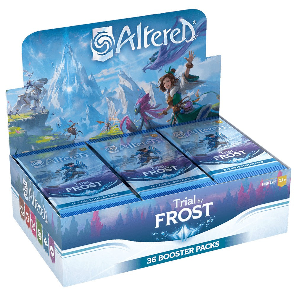 Altered: Trial by Frost Booster Box - Blue and white fantasy-themed booster box with icy mountain art, labeled Altered Trial by Frost, containing 36 booster packs.
