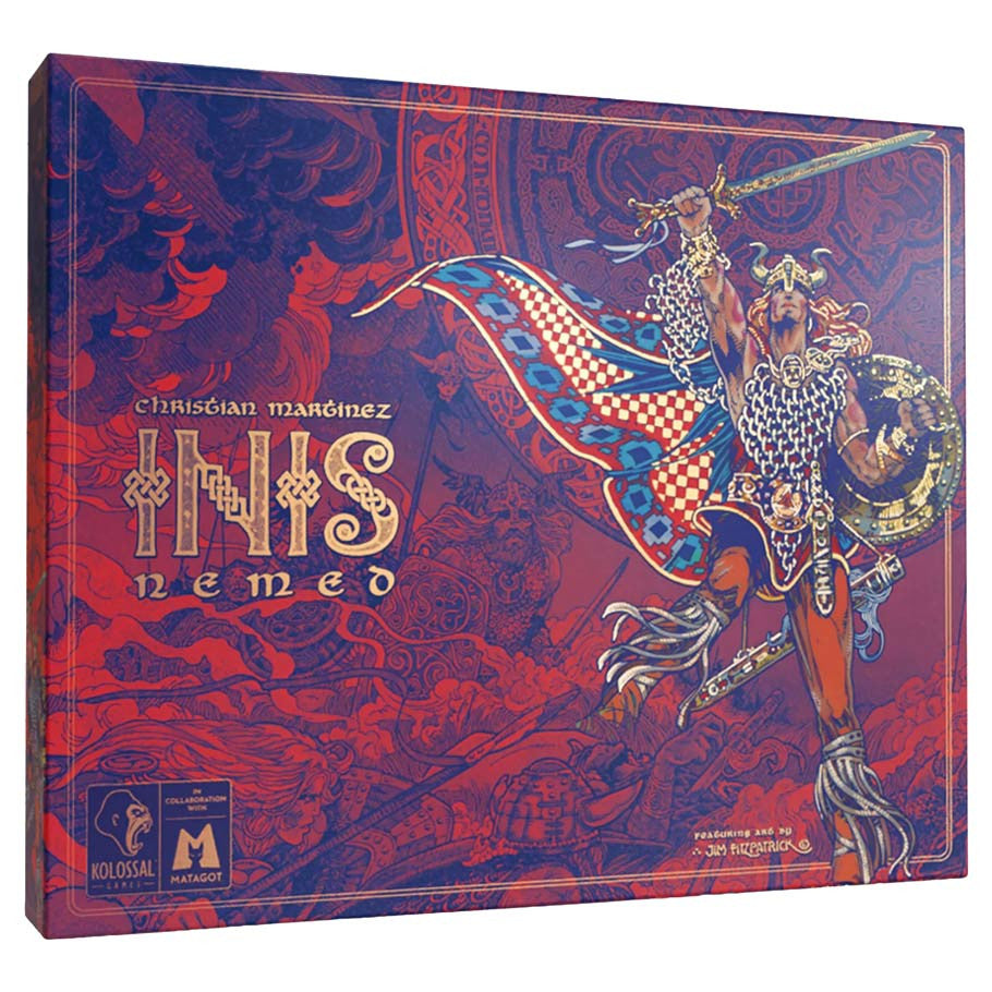 Inis: Nemed Expansion (PREORDER) - Board game expansion box with deep red and blue background, featuring detailed warrior figure in armor holding a shield and.