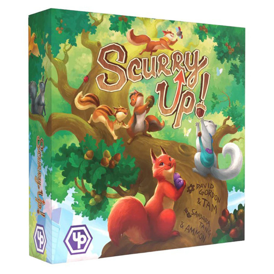 Scurry Up - Colorful board game box featuring animated woodland animals including a squirrel, owl, and mouse in a vibrant forest setting