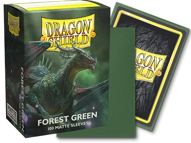 Dragon Shield Forest Green 100 Matte Sleeves: Box features a green dragon grinning while draped in a foliage cowl. Around its neck is a ring of keys. The back of the sleeves is slightly textured and forest green
