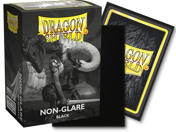 Dragon Shield 100ct Box - Non-Glare Black - Black matte card sleeves with a yellow-bordered card and a box featuring a detailed dragon illustration and dragon shield.