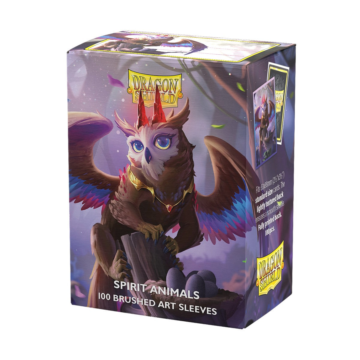Dragon Shield Standard Brushed Art Sleeves: Spirit Animals - The Dragowlis (PREORDER) - Box of Dragon Shield Standard card sleeves featuring a detailed owl-dragon hybrid with red crown and wings on a purple.