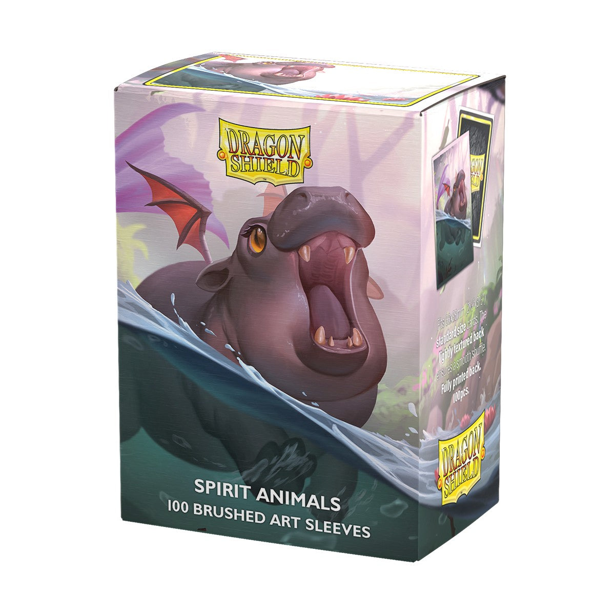 Dragon Shield Standard Brushed Art Sleeves: Spirit Animals - The Snortle (PREORDER) - Box of Dragon Shield card sleeves featuring a purple hippo dragon hybrid with large teeth and red wings on a misty.