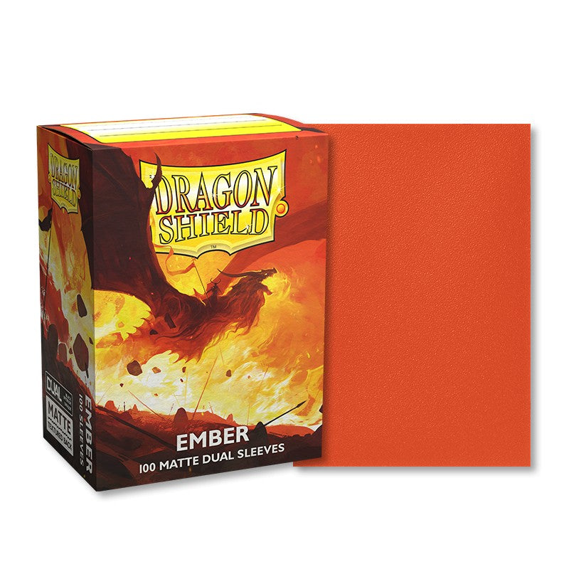 Dragon Shield Dual Sleeves 100ct Box - Matte Ember - Box of 100 matte orange card sleeves with dragon-themed packaging for trading cards.