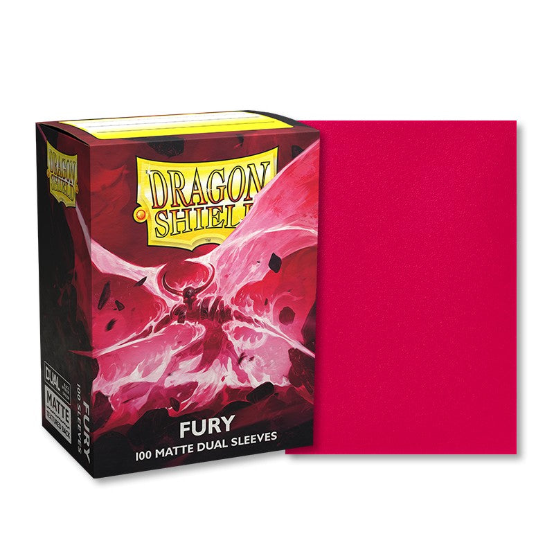 Dragon Shield Dual Sleeves 100ct Box - Matte Fury - Box of Dragon Shield card sleeves with red matte finish and stylized dragon artwork on packaging.
