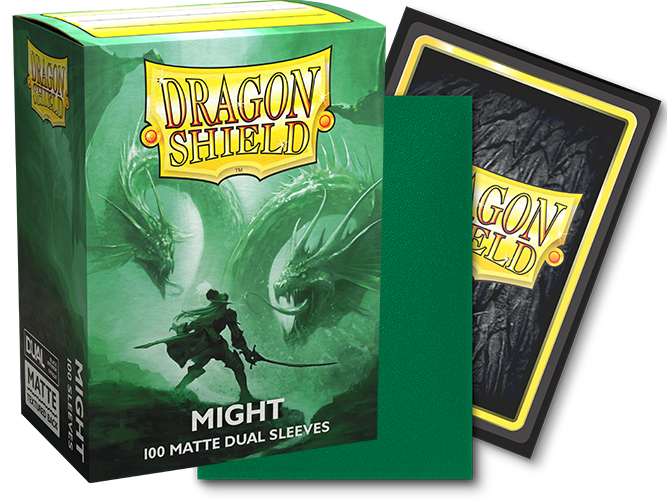 Dragon Shield 100ct Box - Matte Might - Green Dragon Shield 100ct matte card sleeves box with dragon artwork and sleeved card showing back design.