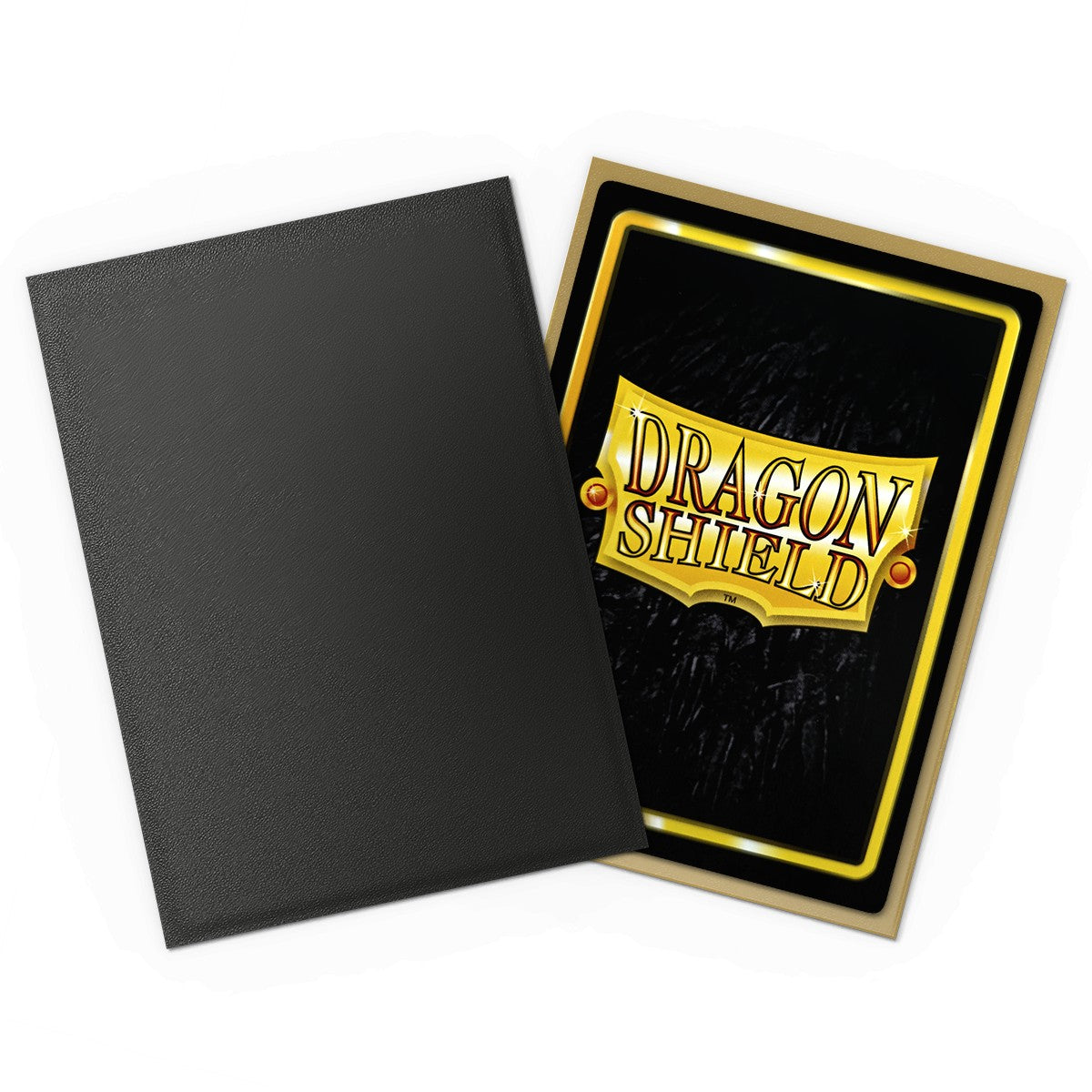 Dragon Shield Standard DUAL Matte Sleeves: Matte Black & Gold (PREORDER) - Matte black card sleeve next to a gold-bordered Dragon Shield card sleeve with embossed logo and black background.