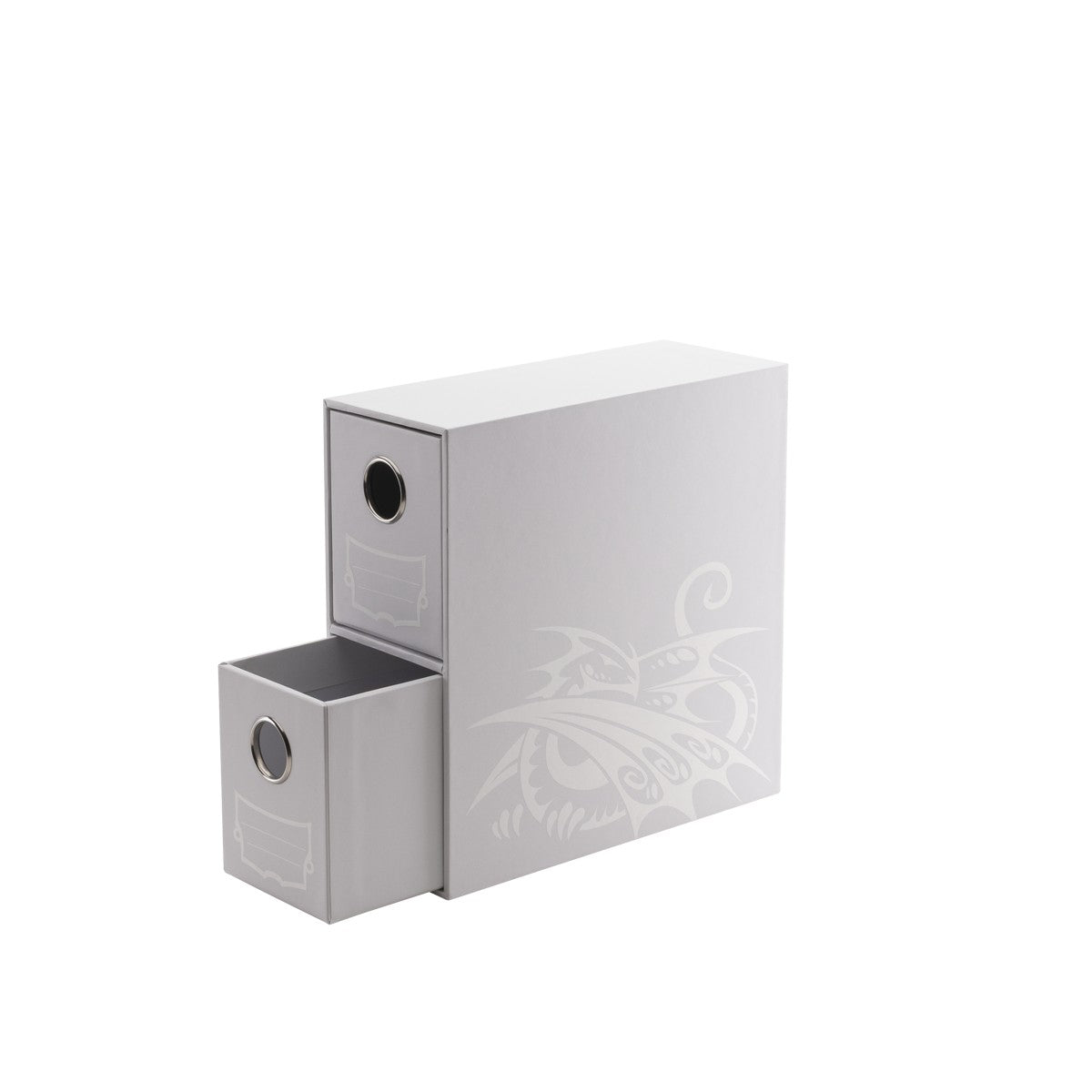 Dragon Shield Fortress Vertical 2 Drawer Card Storage - White (PREORDER) - White vertical card storage box with two stacked drawers and subtle embossed dragon design.