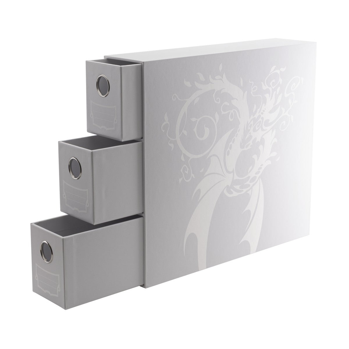 Dragon Shield Fortress Vertical 3 Drawer Card Storage - White (PREORDER) - White vertical card storage unit with three pull-out drawers and subtle dragon design on front.