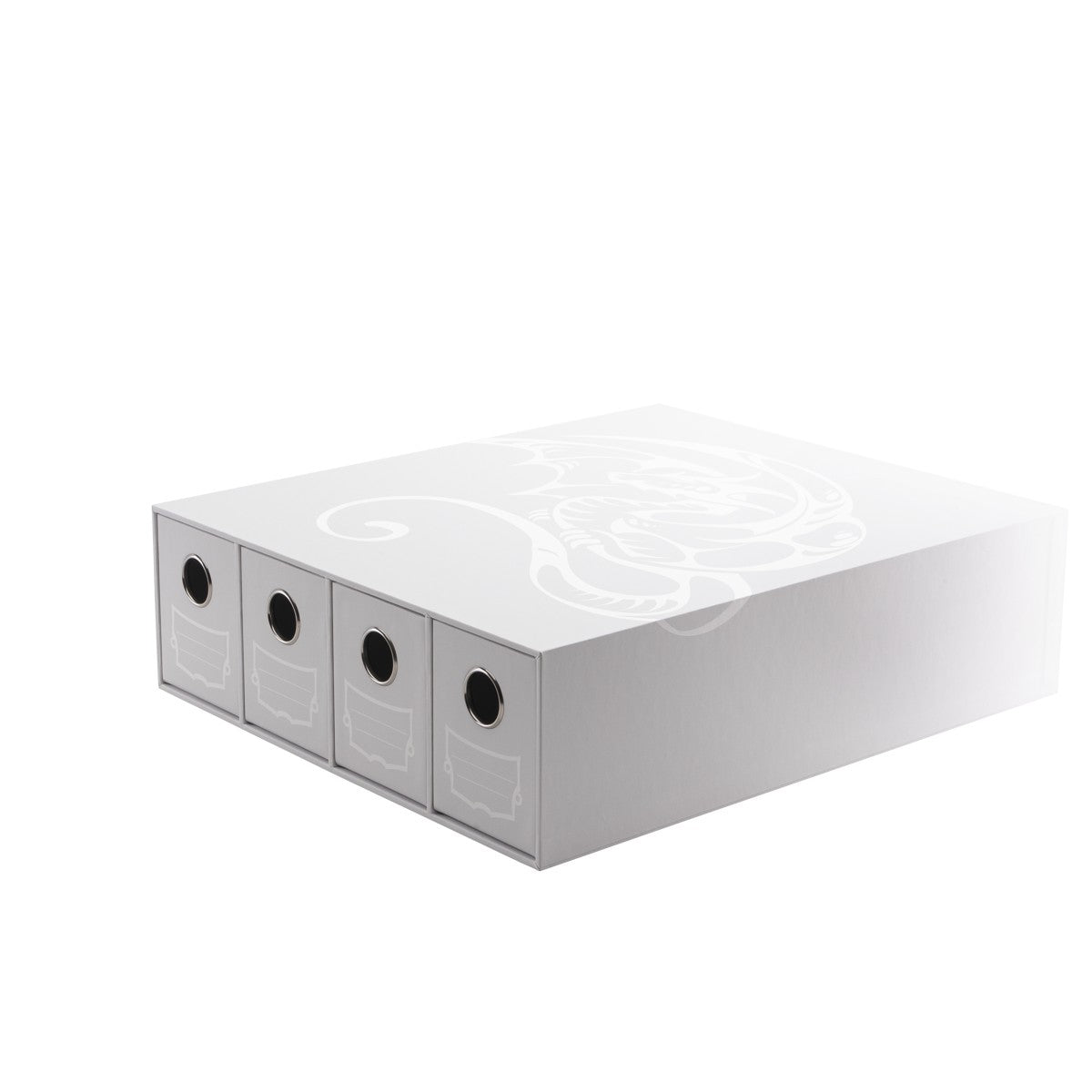 Dragon Shield Fortress 4 Drawer Card Storage - White (PREORDER) - White rectangular card storage box with four pull-out drawers, each featuring a round black finger hole and subtle embossed.