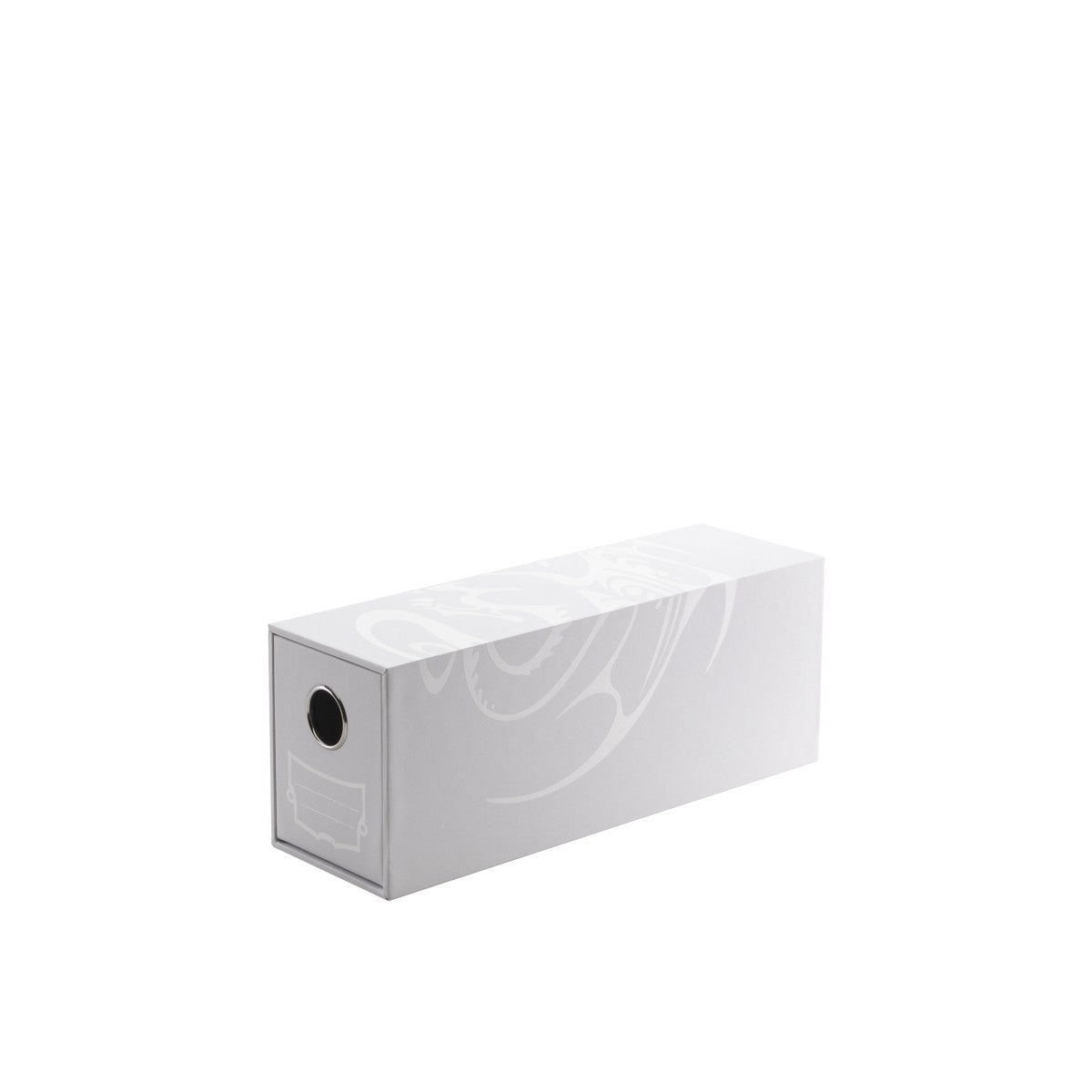 Dragon Shield Fortress 1 Card Drawer - White (PREORDER) - White rectangular card storage drawer with subtle embossed dragon design and circular finger hole on side.