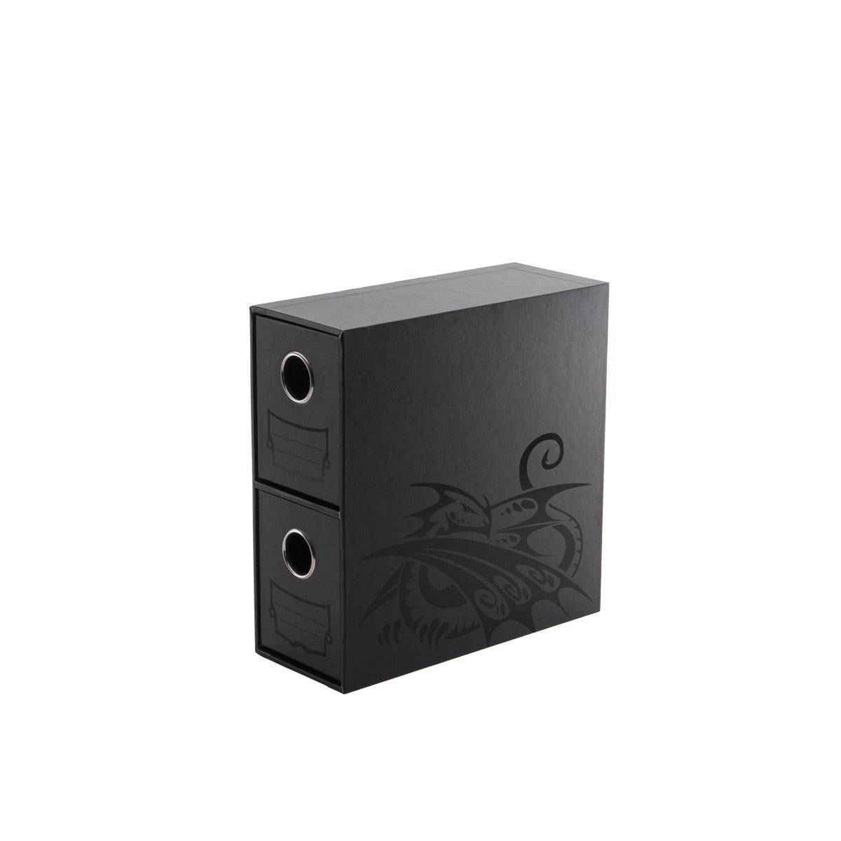 Dragon Shield Fortress Vertical 2 Drawer Card Storage - Black (PREORDER) - Black vertical card storage box with two drawers and dragon emblem on front panel.