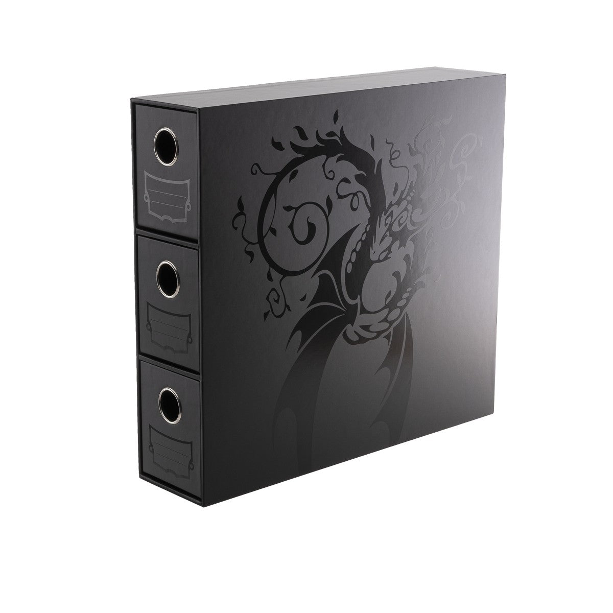 Dragon Shield Fortress Vertical 3 Drawer Card Storage - Black (PREORDER) - Black vertical card storage box with three drawers and a dragon design on the front panel.
