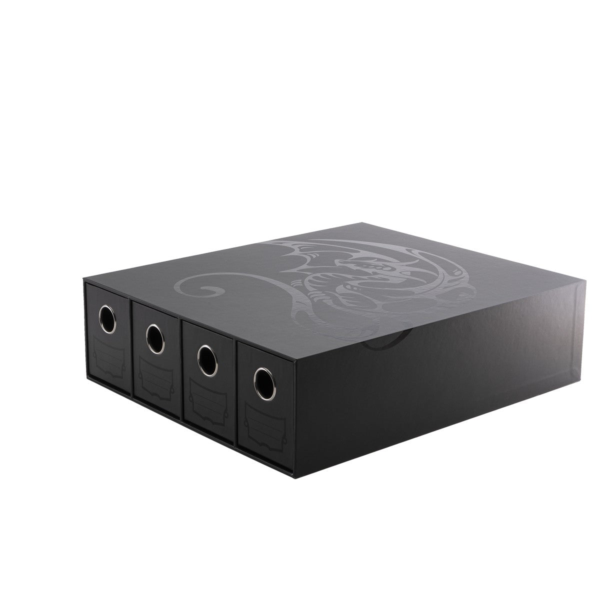 Dragon Shield Fortress 4 Drawer Card Storage - Black (PREORDER) - Black rectangular card storage box with four pull-out drawers, each featuring circular finger holes, and a subtle dragon.
