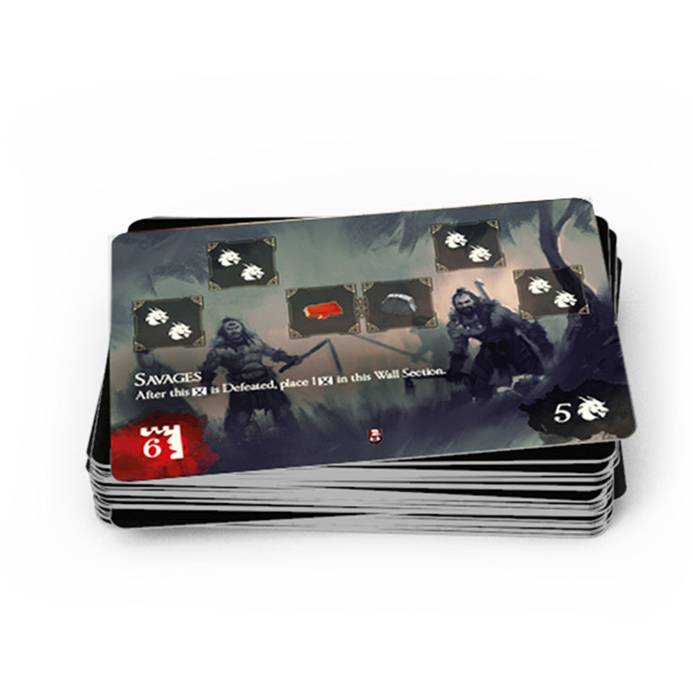 The Great Wall: Stretch Goals - Stack of rectangular game cards with dark fantasy artwork, various icons, and text detailing game rules and statistics.