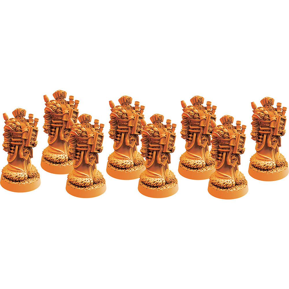 The Great Wall: Stretch Goals - Ten detailed orange resin figurines shaped as ancient Chinese soldiers standing on round bases.