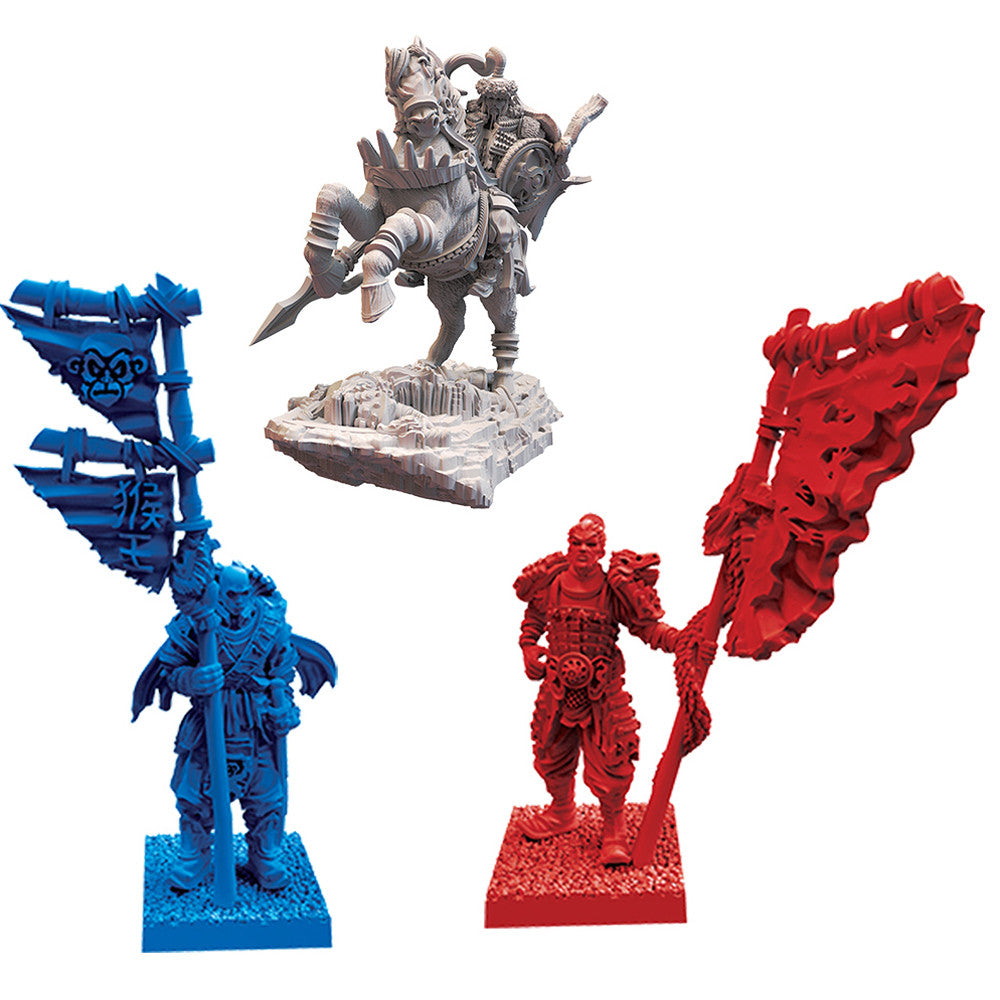 The Great Wall: Stretch Goals - Three detailed plastic game miniatures in blue, gray, and red holding large flags with intricate designs, each standing on.