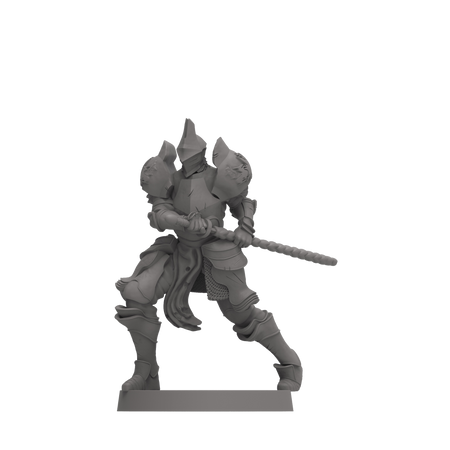 Dark Souls: Iron Keep Expansion - Gray unpainted miniature of armored knight holding a long sword in a battle-ready stance.