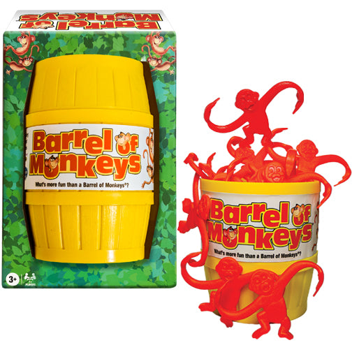 Barrel of Monkeys - Yellow plastic barrel with red connecting monkey figures climbing and looping around it, Barrel of Monkeys classic game.