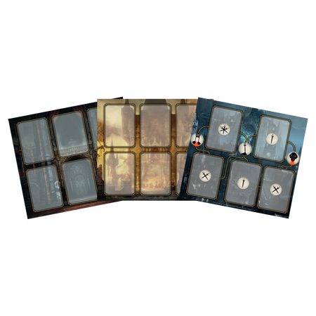 Dark Souls: The Card Game - The Card Game featuring muted dark blue, brown, and gray backgrounds, each divided into organized card slots with subtle.