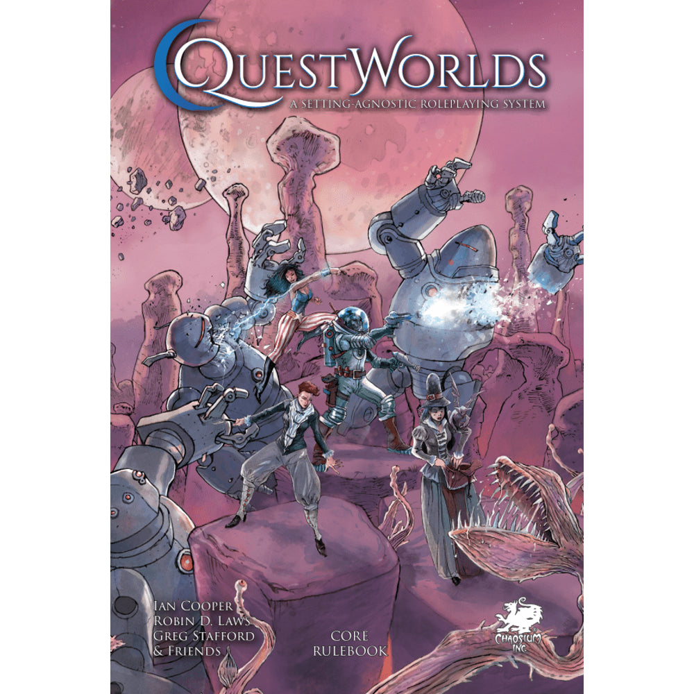 QuestWorlds - QuestWorlds RPG book with futuristic robot battle scene in purple and pink tones on the cover.