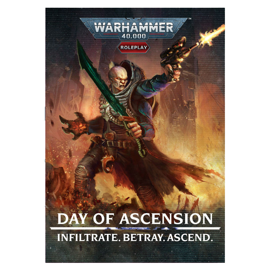 Warhammer 40,000: Day of Ascension The Card Game - Day of Ascension card game box featuring armored warrior with green energy blade and pistol, fiery background.