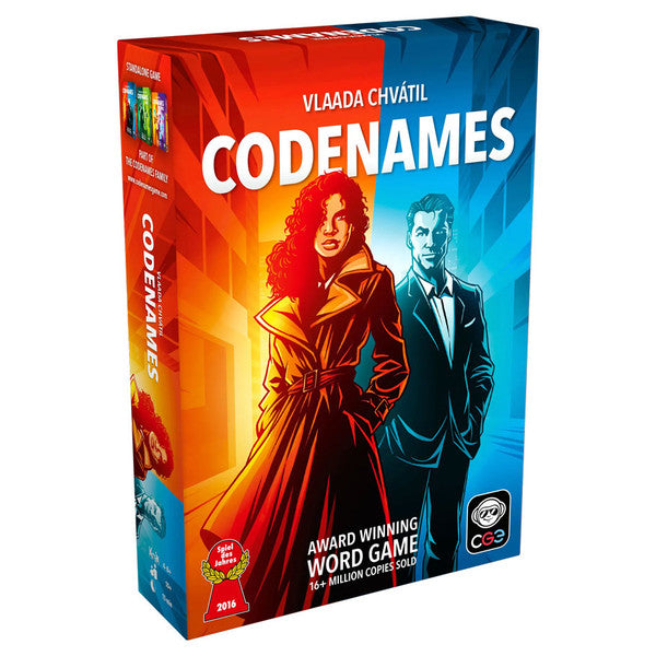 Codenames 2.0 - Codenames 2.0 board game box with red and blue gradient background featuring stylized man and woman characters in vintage.