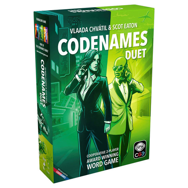 Codenames: Duet 2.0 - Green rectangular box featuring illustrated male and female agents in suits, titled "Codenames Duet" word game by Vlaada.