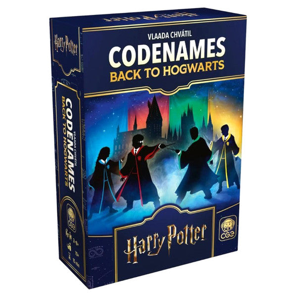 Codenames: Back to Hogwarts (PREORDER) - Rectangular dark blue board game box with silhouettes of four Hogwarts students casting spells, Hogwarts castle in the.