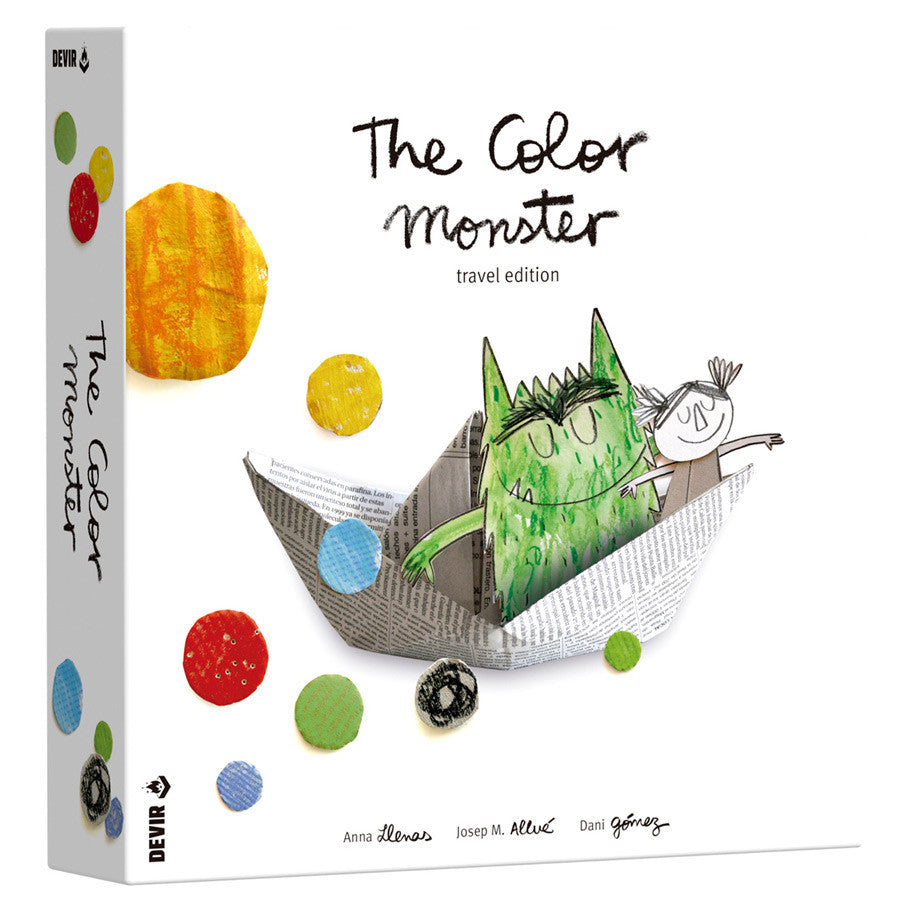 The Color Monster: Travel Edition - White box of The Color Monster Travel Edition game featuring colorful textured dots and a green monster in a paper boat.