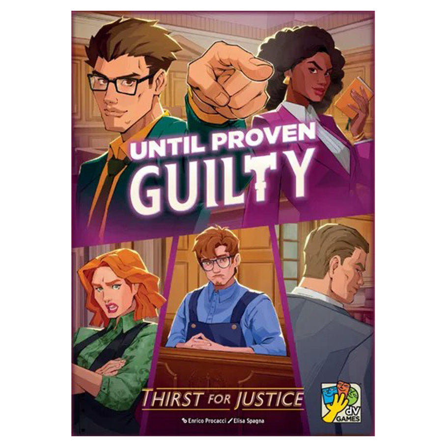 Until Proven Guilty: Thirst for Justice - Colorful board game box cover featuring five diverse illustrated characters with serious expressions, bold white and purple.