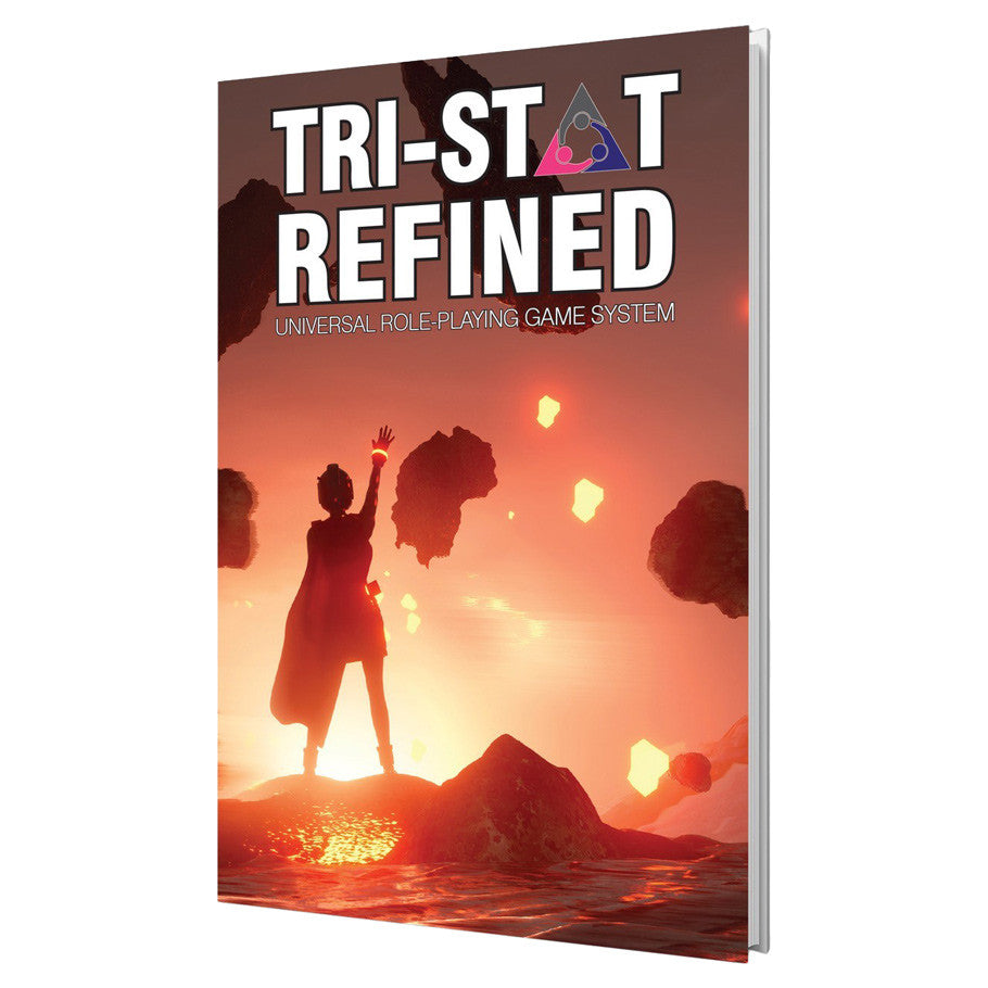 Tri-Stat Refined: Universal Roleplaying Game (PREORDER) - Book cover with fiery orange and red glowing floating rocks, silhouetted figure holding sword, bold white title "Tri-Stat.
