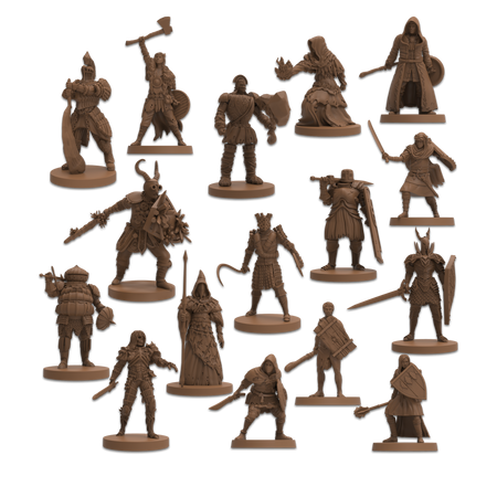 Dark Souls: Character Expansion - Set of detailed brown resin miniatures depicting armored fantasy characters with weapons and cloaks for Dark Souls game.