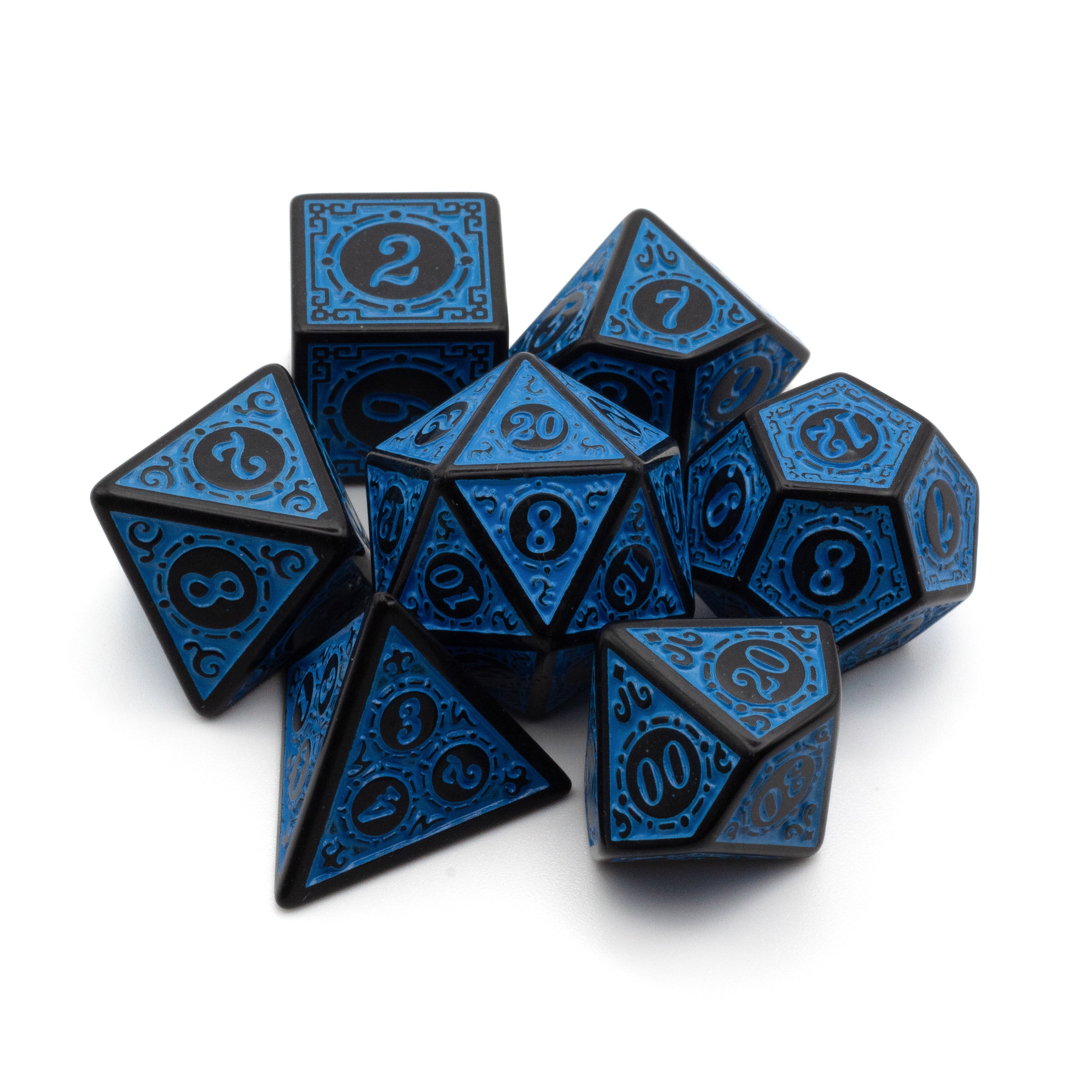 Blue Runes Acrylic Dice Set - Set of seven blue acrylic dice with black runic numerals and intricate border designs.