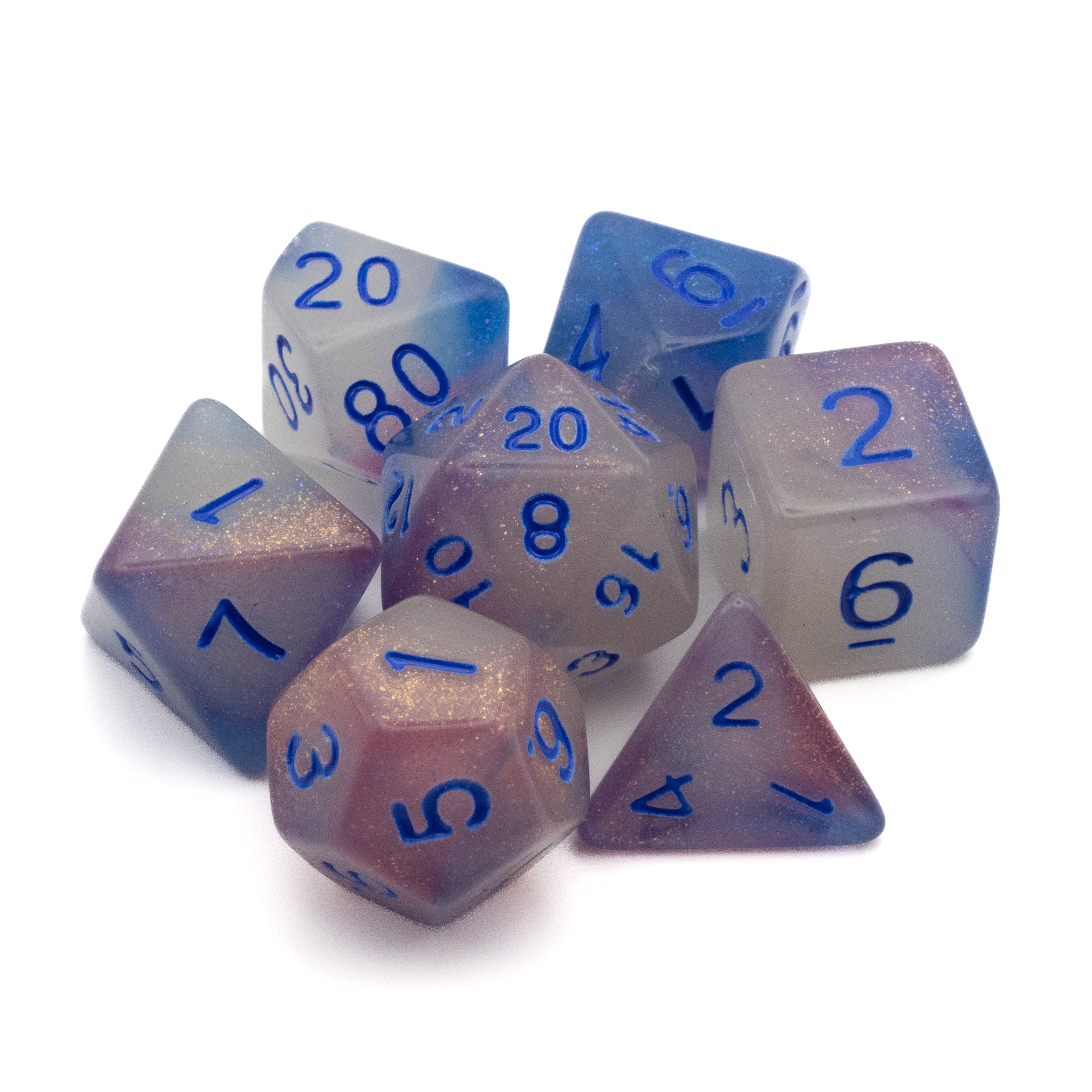 Emberlight Twilight Glow-in-the-Dark Dice Set - Set of seven translucent purple and white polyhedral dice with blue numbers, designed to glow in the dark.