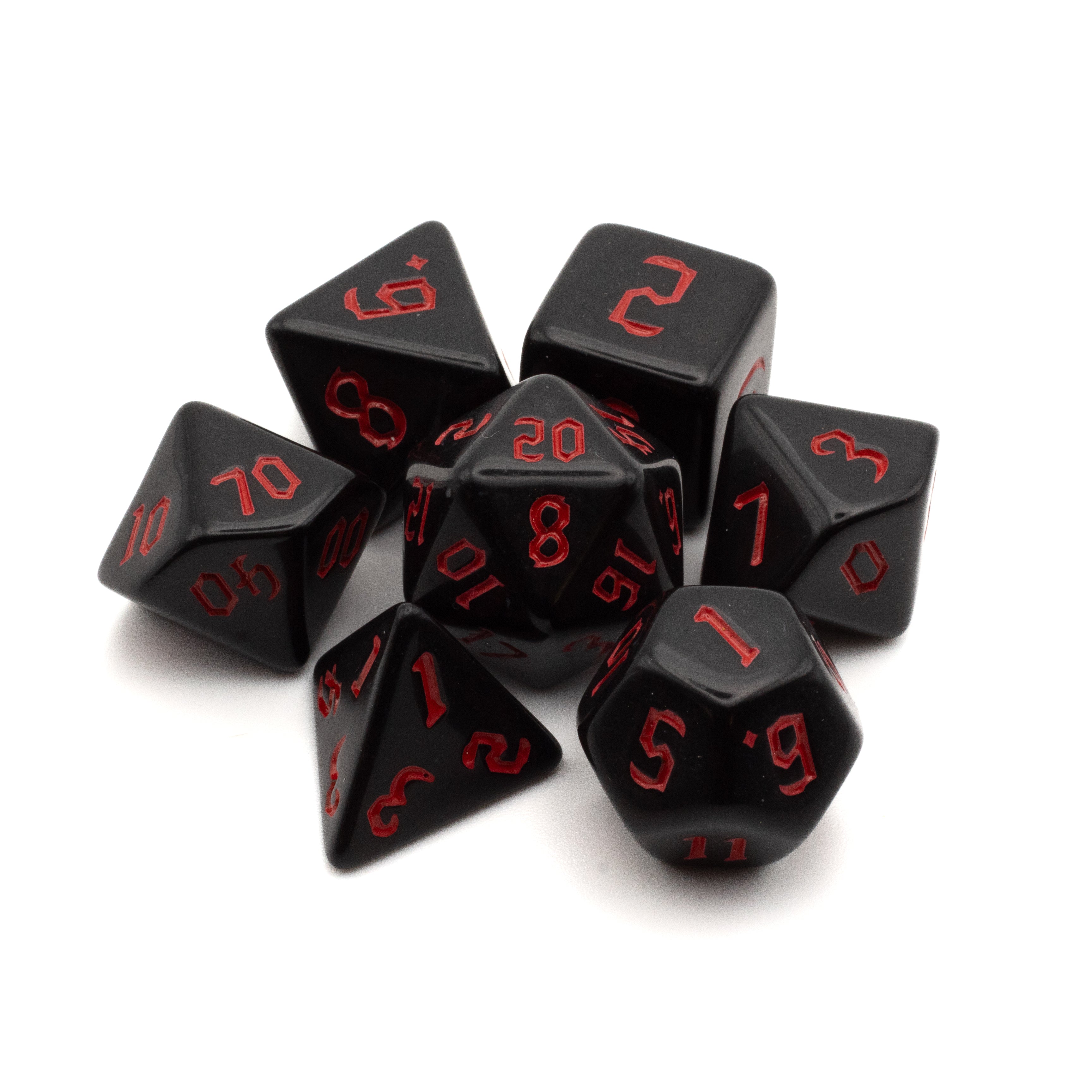 Black Acrylic Dice Set - Red - Black acrylic dice set with red numbers, including various polyhedral shapes for gaming.
