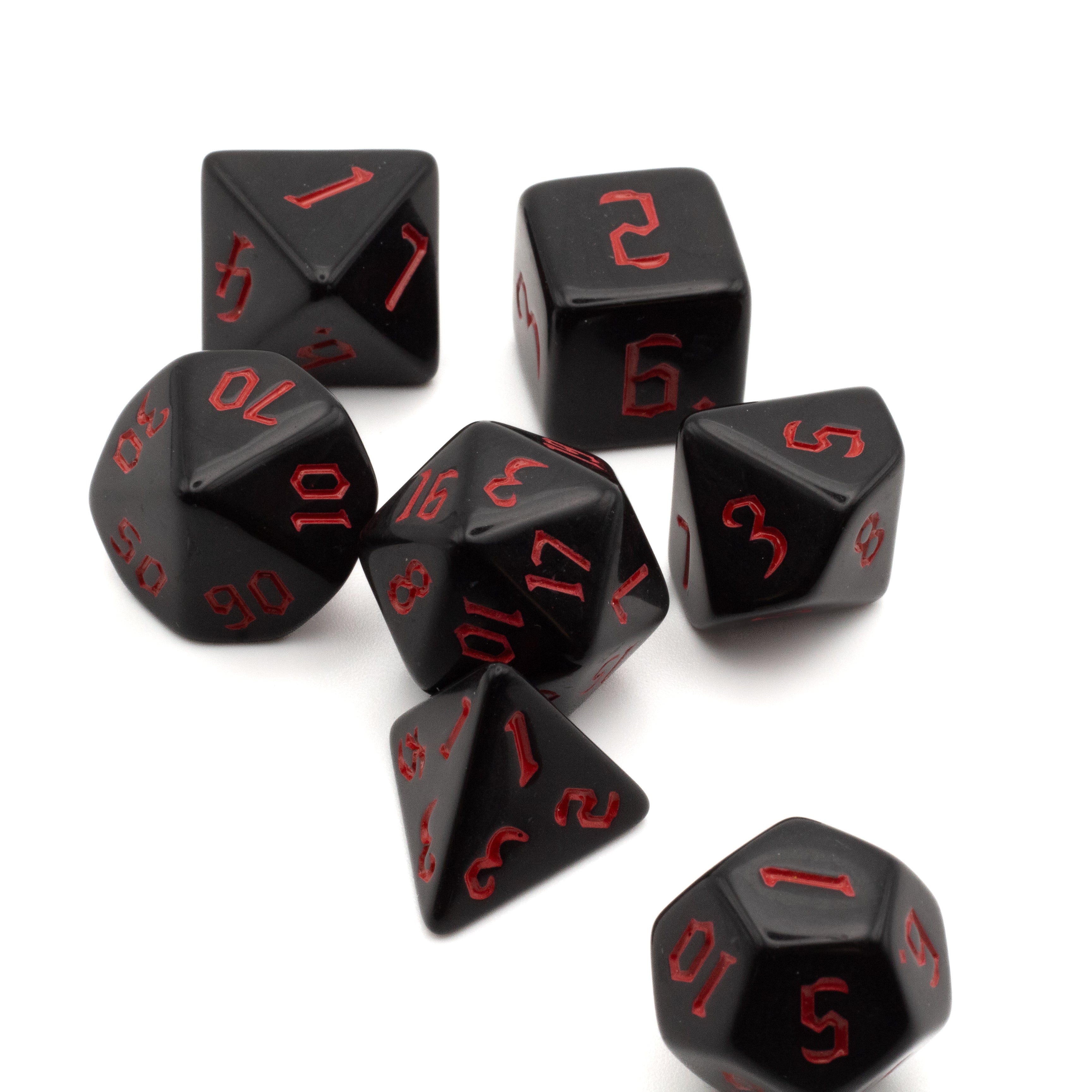 Black Acrylic Dice Set - Red - Black acrylic dice set with red numbers including d4, d6, d8, d10, d12, and d20 shapes.