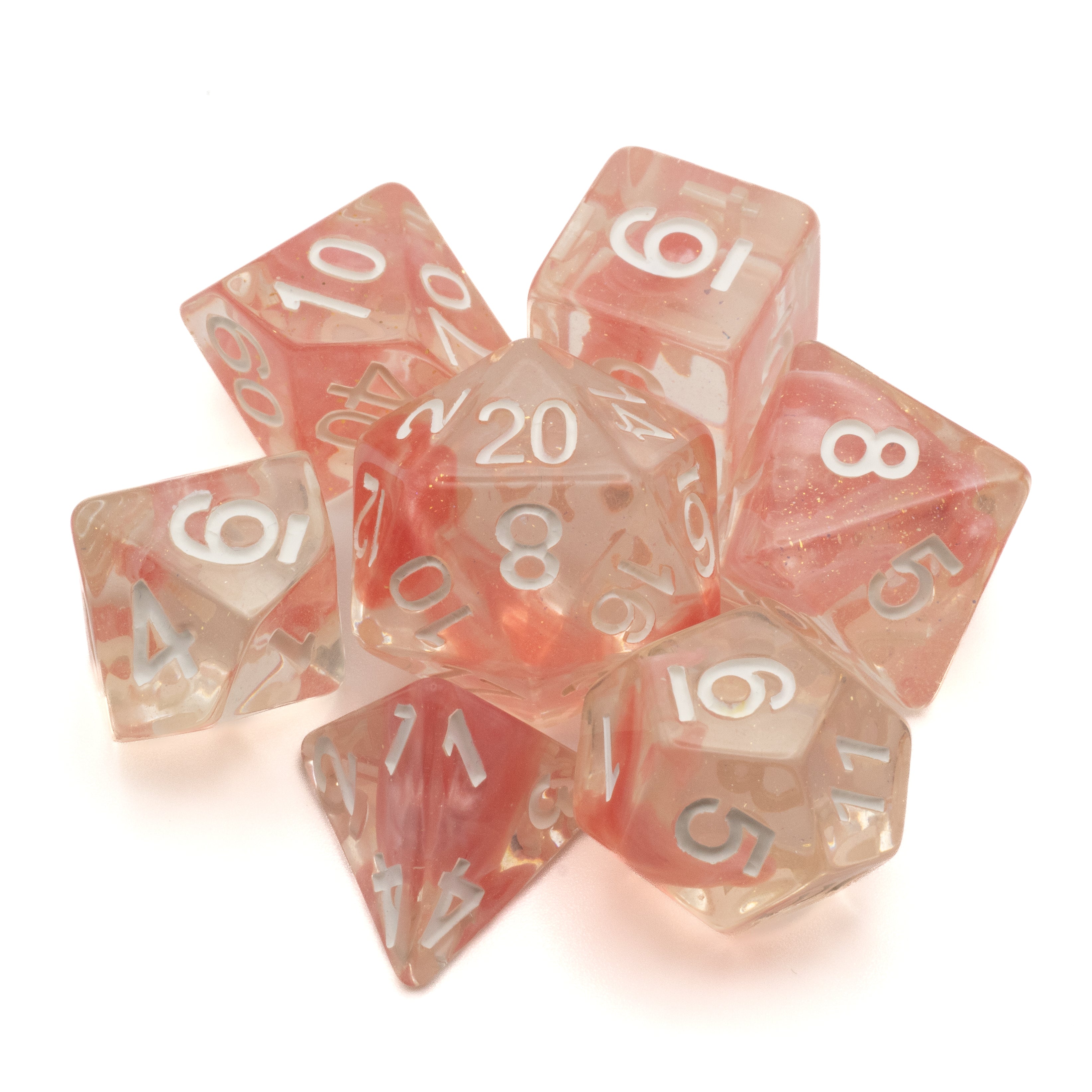 Pink Lava Lamp Dice Set - Set of seven translucent pink lava lamp polyhedral dice with white numbering.