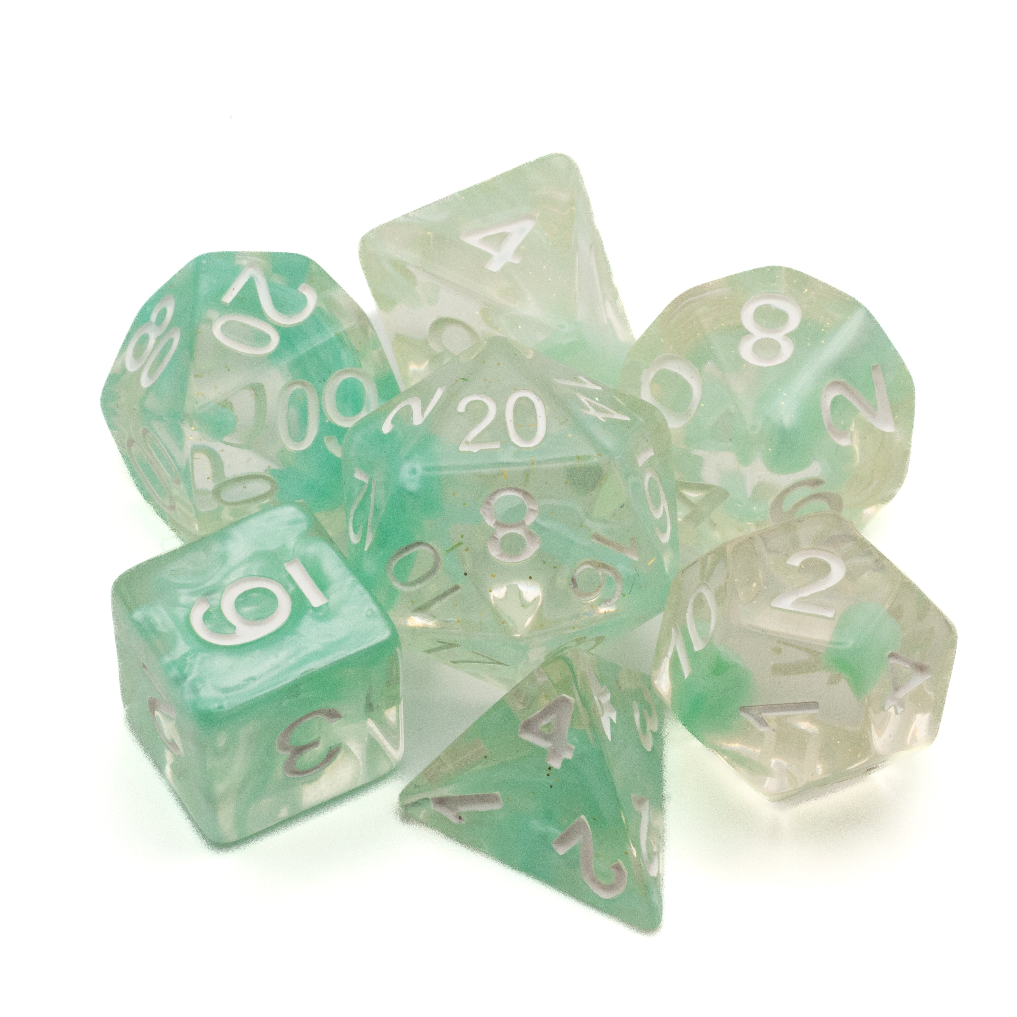 Cyan Lava Lamp Dice Set - Set of seven translucent cyan and clear polyhedral dice with white numbering, resembling lava lamp colors.