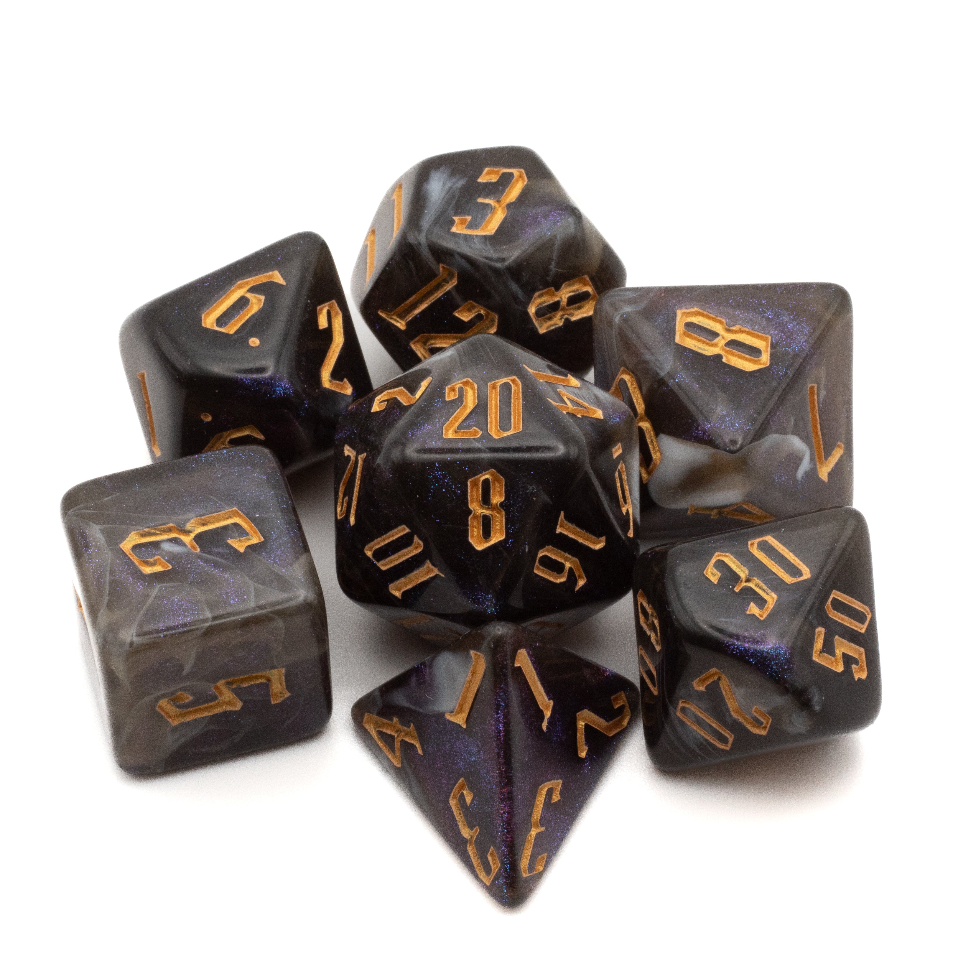 Black & White Swirl Glitter Dice - Black and white swirl glitter 7-piece polyhedral dice set with gold numbers.