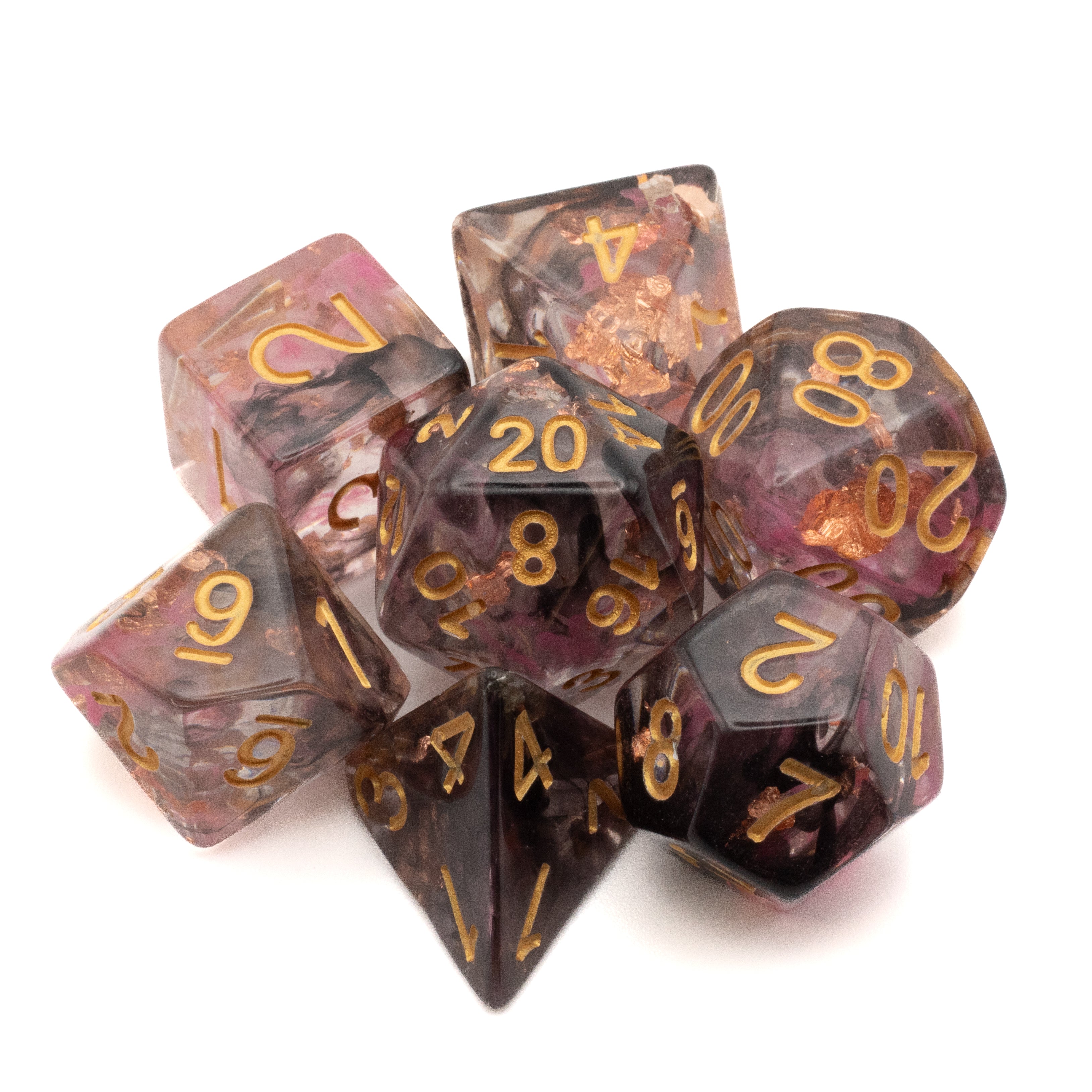 Cursed Treasure Dice Set - Set of eight translucent dice with swirling pink and black colors and gold numbering.
